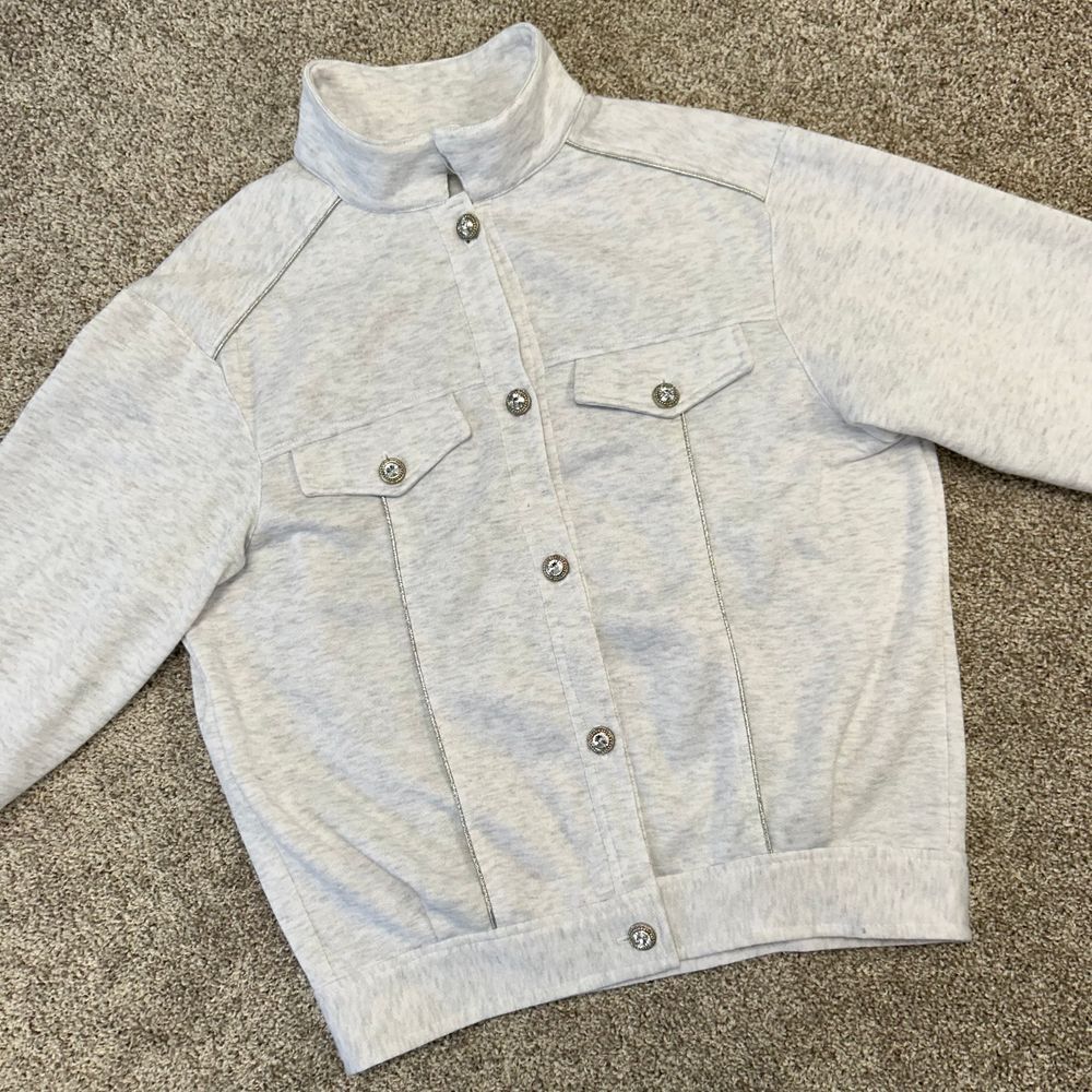 Vintage Francesca Jacket Women Size Medium Made In USA Rhinestone Button Gray